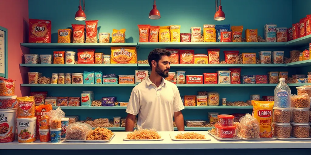 a man is standing behind a counter full of snacks and candy bars and candy bars and candy bars are s