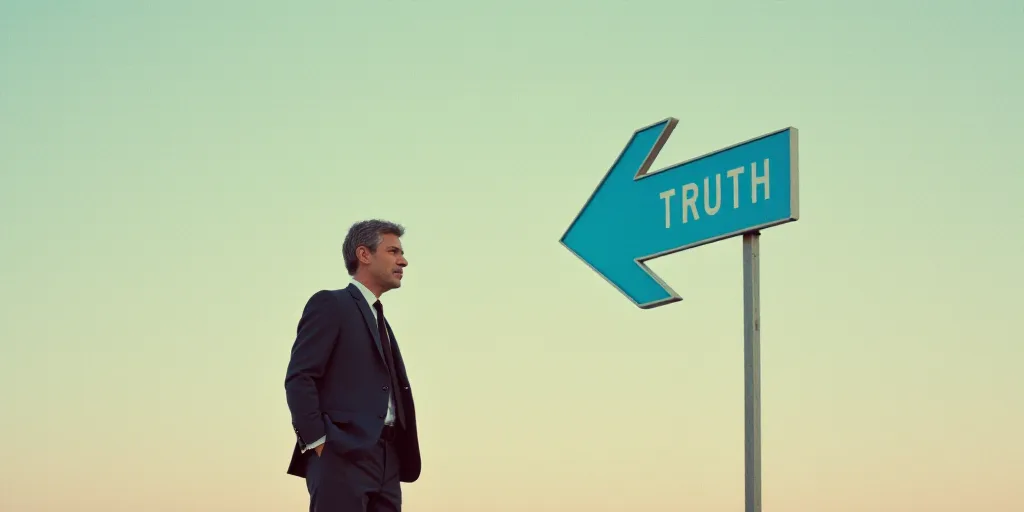 a man is standing in front of a sign that says truth on it and a blue arrow is in the background, Ed
