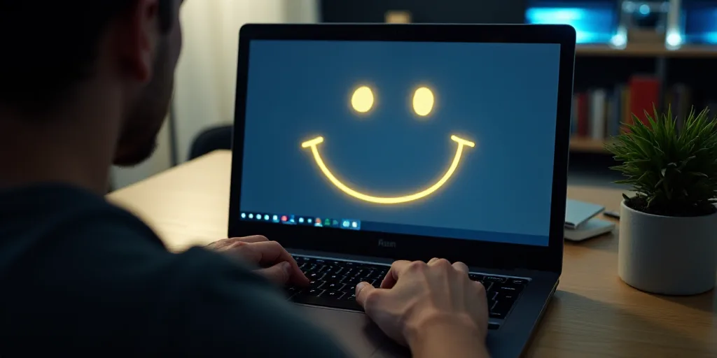 a man is using a laptop with a smiley face drawn on the screen and a smile drawn on the keyboard, An