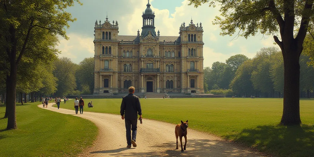 a man is walking a dog in a park with a building in the background and a man is holding a water bott