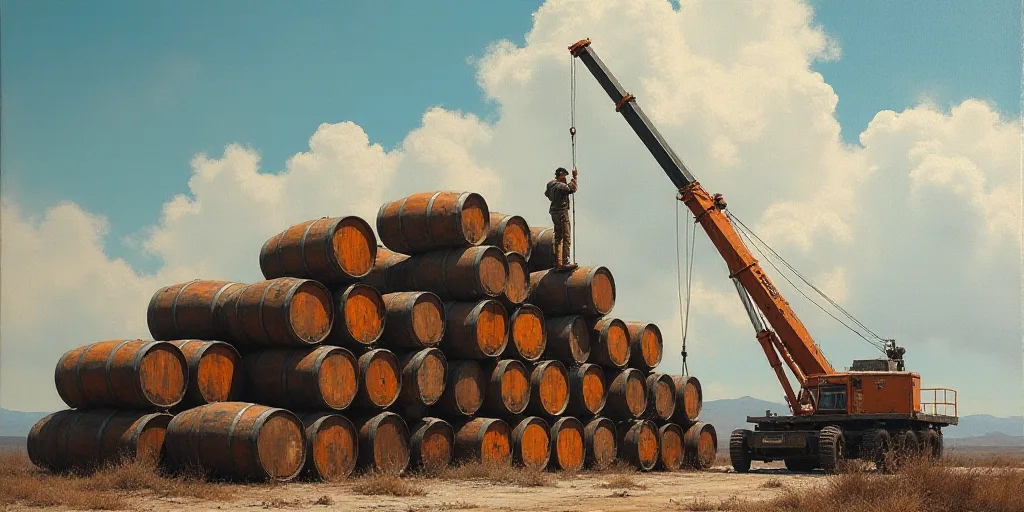 a man is working on a large stack of barrels on a crane in the sky above a large pile of barrels, An