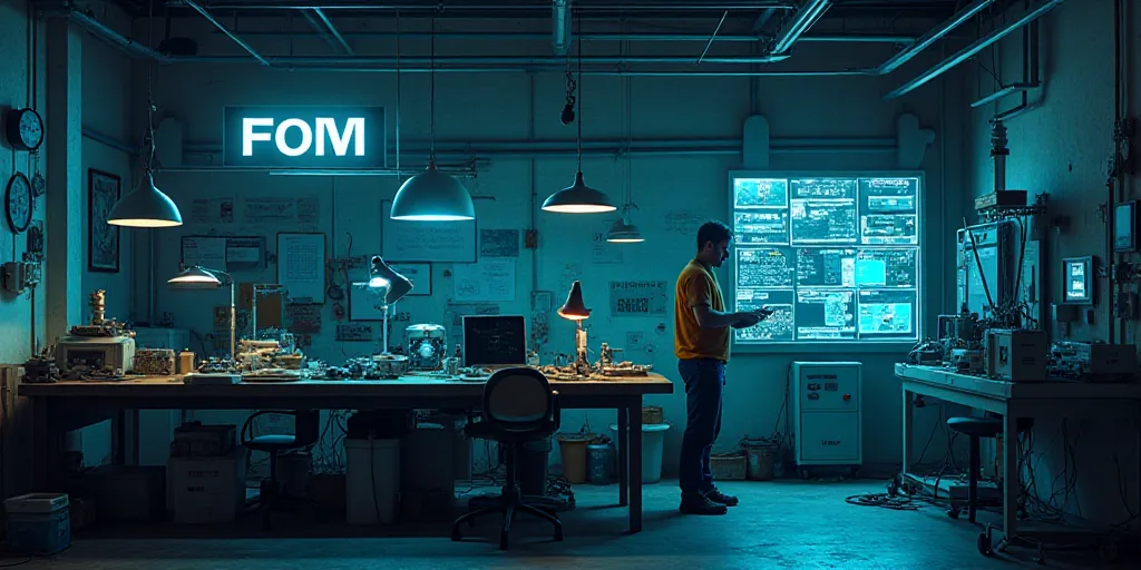 a man is working on a machine in a room with a sign that says fom and a man is working on a machine,