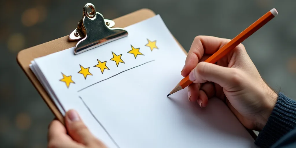 a man is writing on a clipboard with five stars on it and a pencil in his hand,, Andries Stock, grap