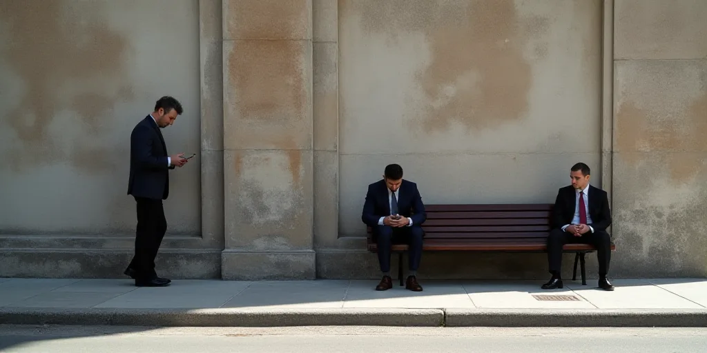 a man leaning against a wall while another man looks at his cell phone in the street while another m