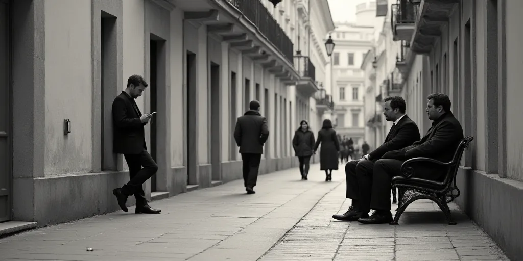 a man leaning against a wall while another man looks at his cell phone in the street while another m