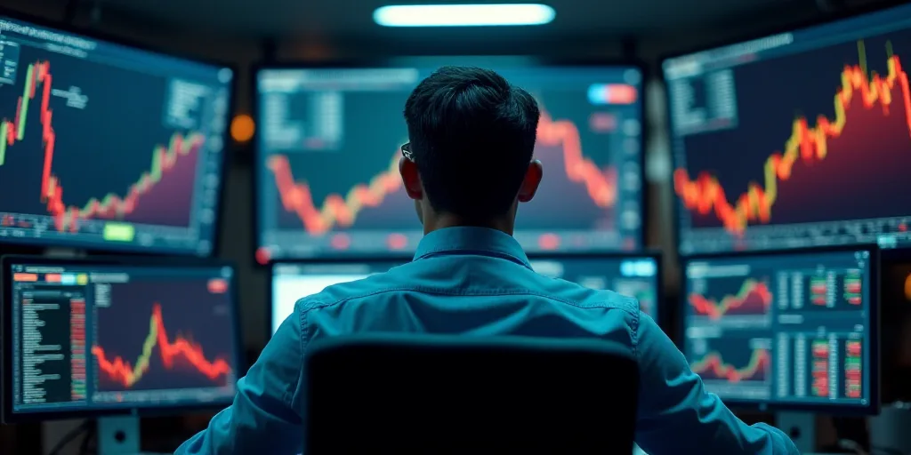 a man looking at multiple computer screens with graphs on them in a stock market room with a man in
