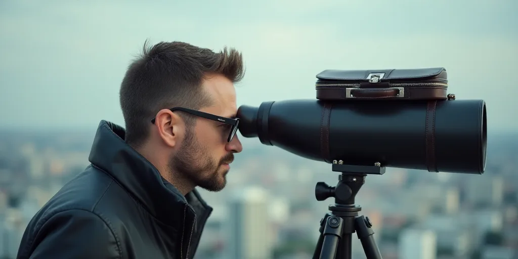 a man looking through a pair of glasses at the world through a telescope with a briefcase on top of