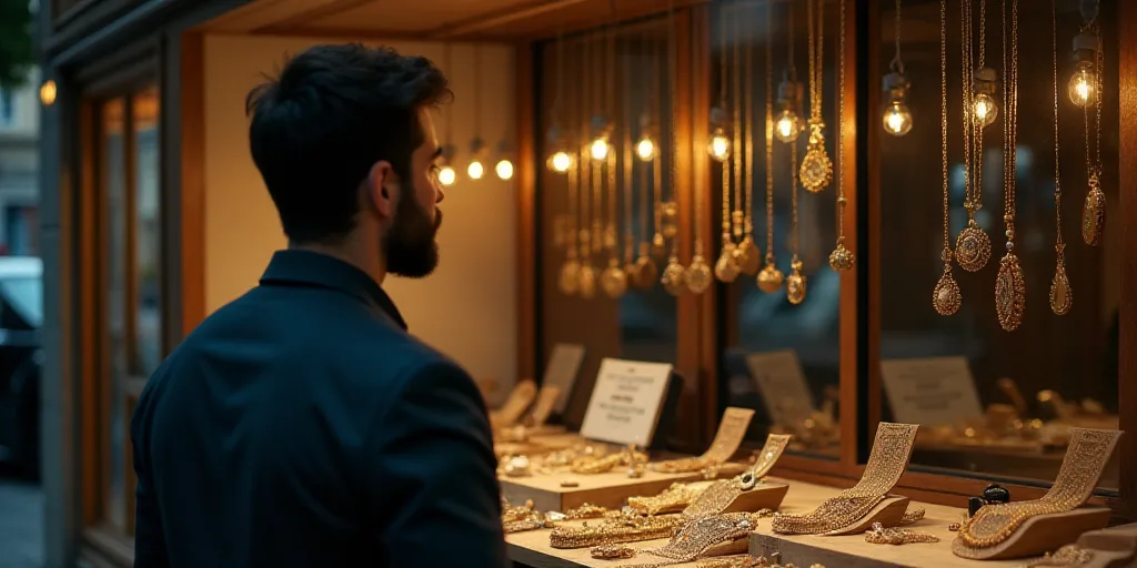 a man looking through a window at a jewelry store with a lot of necklaces on display behind it, Cefe