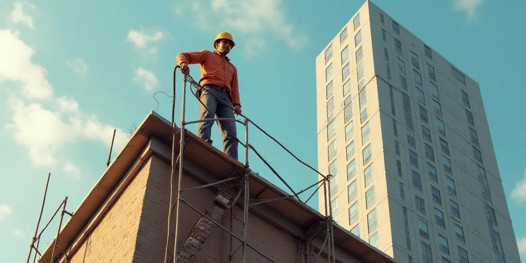 a man on a scaffolding on a building with a helmet on top of it and a building under construction, E