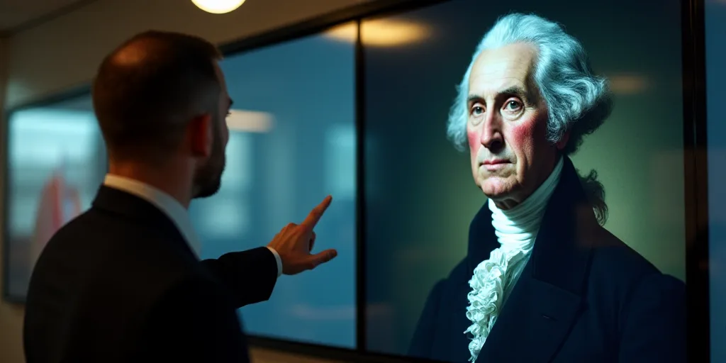 a man pointing at a picture of a man in a suit and tie on a screen with a picture of george washingt