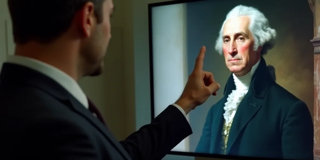 a man pointing at a picture of a man in a suit and tie on a screen with a portrait of george washing