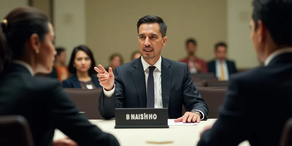 a man pointing at a woman in a suit and tie at a table with other people in front of a sign, Carlos