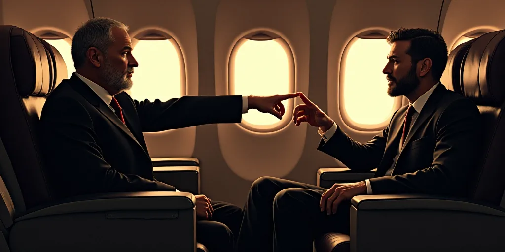 a man pointing at another man's hand while sitting on a couch in an airplane with windows behind him