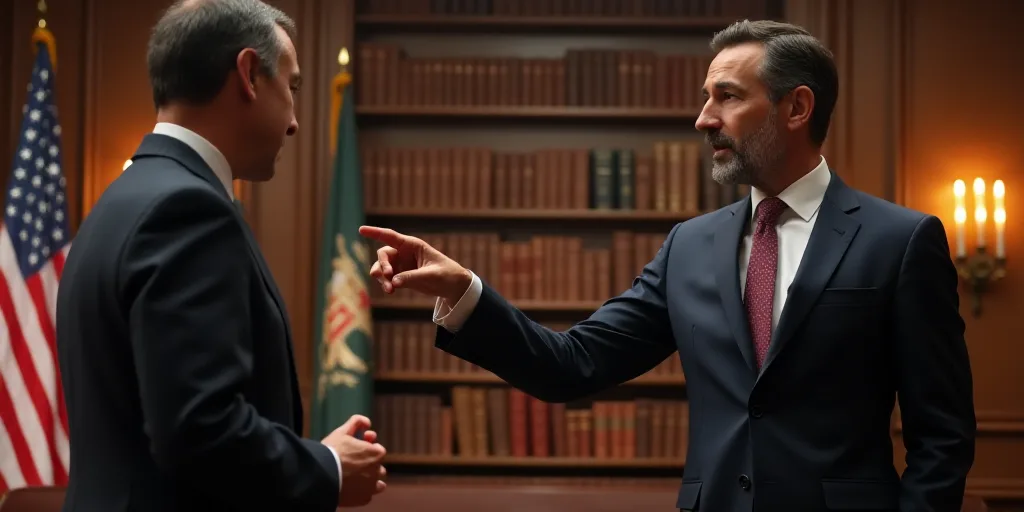 a man pointing at another man in a suit and tie in a room with flags and books on the walls, Beeple,