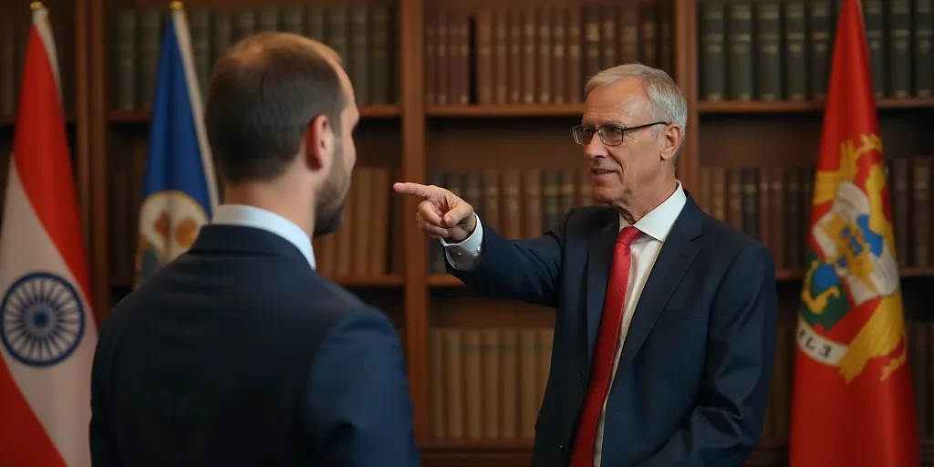 a man pointing at another man in a suit and tie in a room with flags and books on the walls, Beeple,