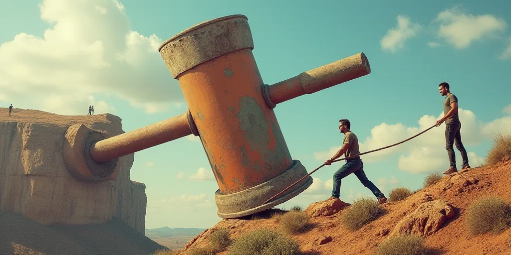 a man pulling a giant piece of art with a giant hammer on top of it as another man stands on a cliff