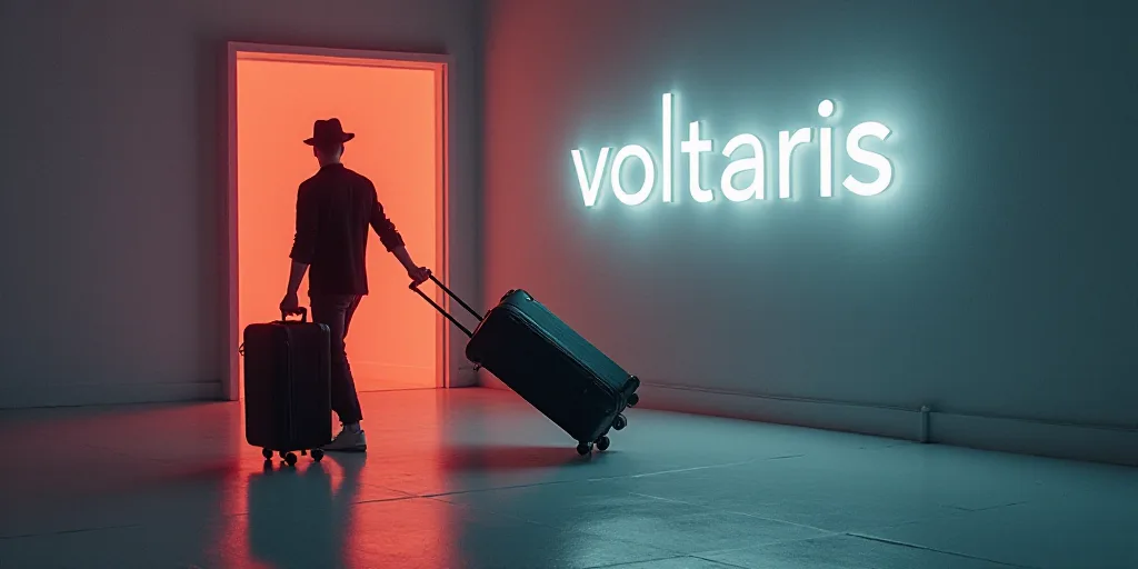 a man pushing a suitcase in a room with a sign that says voltaris on it and a suitcase in the backgr