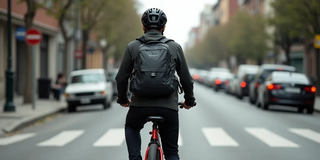 a man riding a bike down a street with a backpack on the back of it's back pack, Federico Uribe, hyp