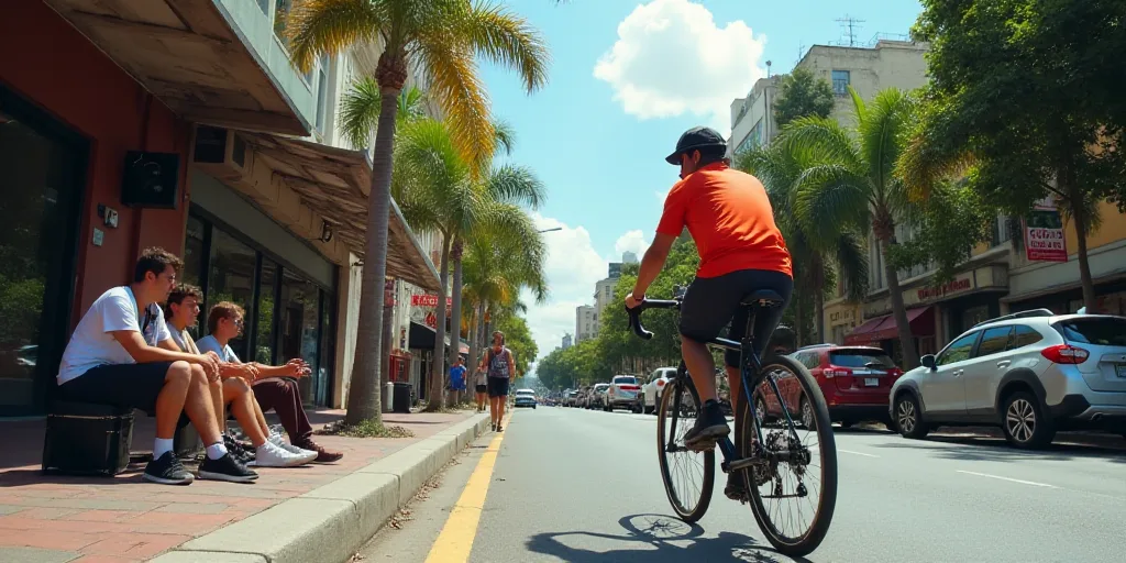 a man riding a bike down a street next to a sidewalk with people walking and sitting on the sidewalk