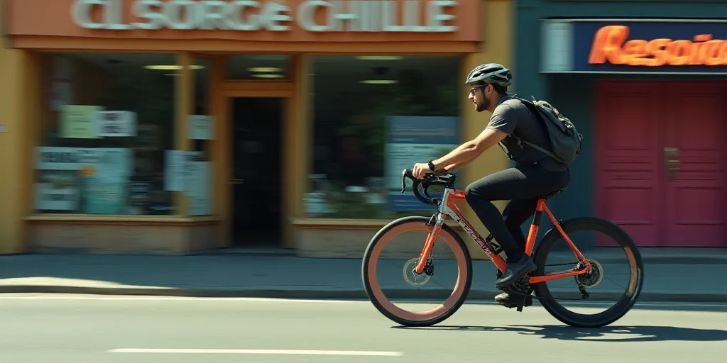a man riding a bike down a street past a store front with a sign on it's side, Carlos Catasse, scree