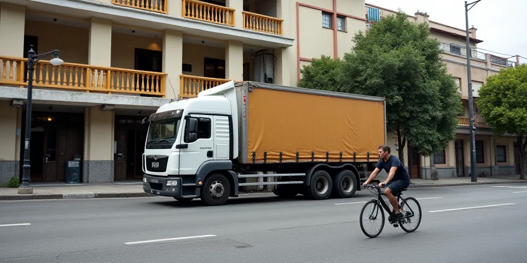 a man riding a bike past a large truck on a street corner in front of a building with a yellow guard
