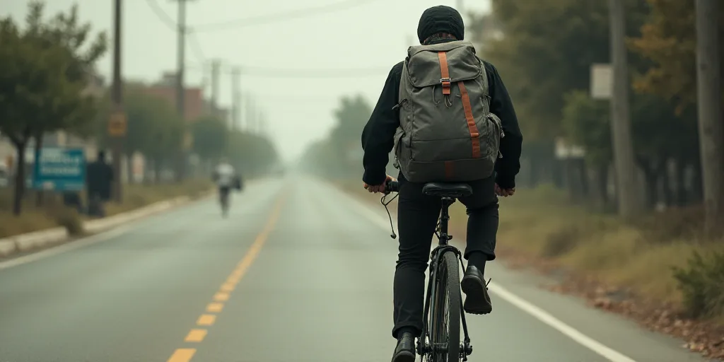 a man riding a bike with a backpack on the back of it's back pack on the street, Aquirax Uno, dystop