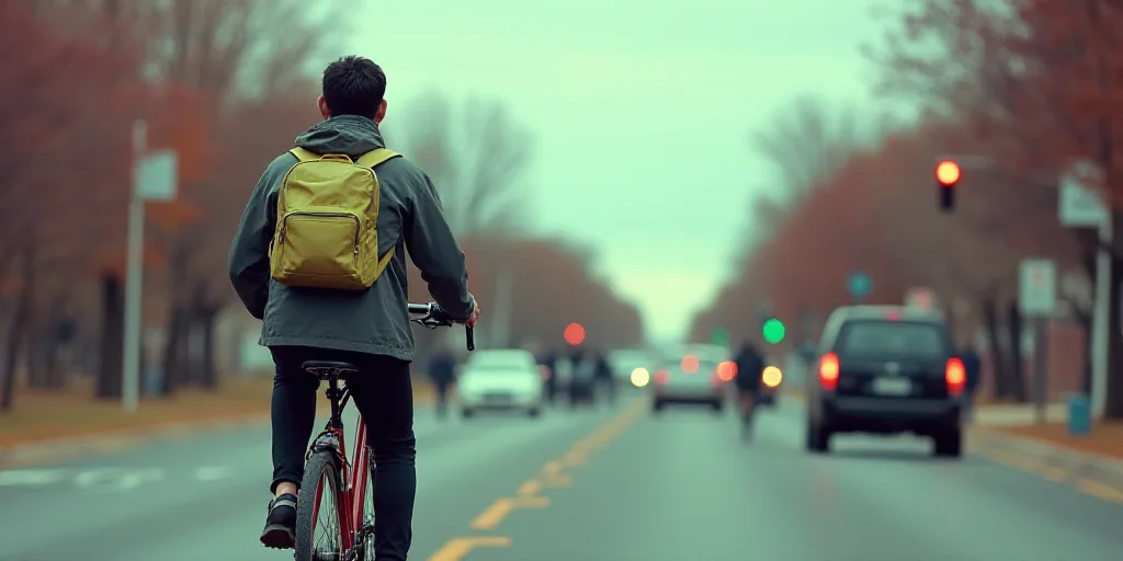 a man riding a bike with a backpack on his back in the street with other people on bicycles and cars