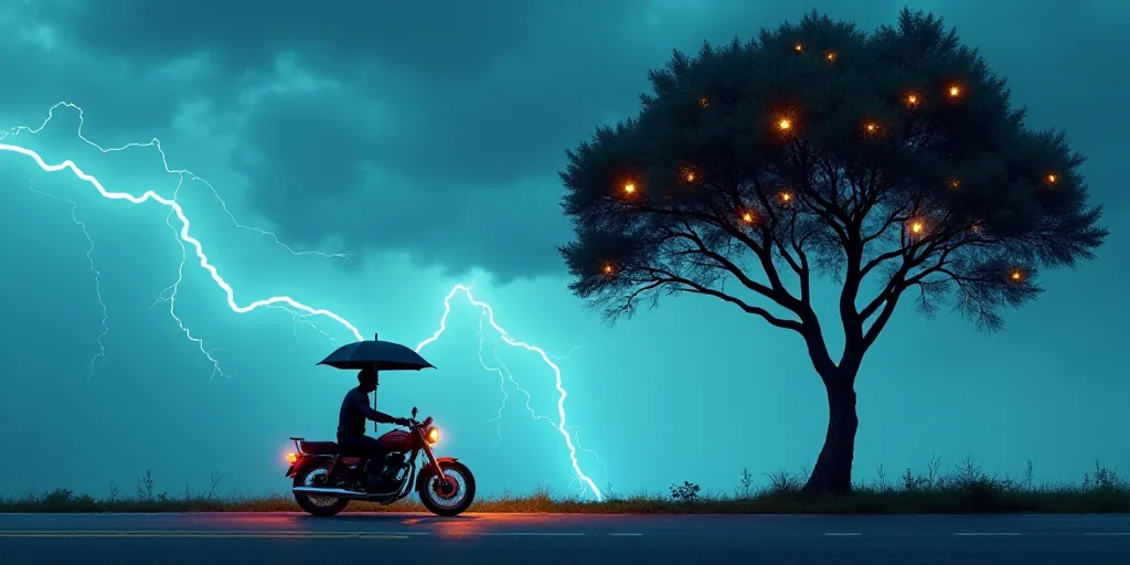 a man riding a motorcycle down a street next to a tree with umbrellas on it and a blue sky backgroun