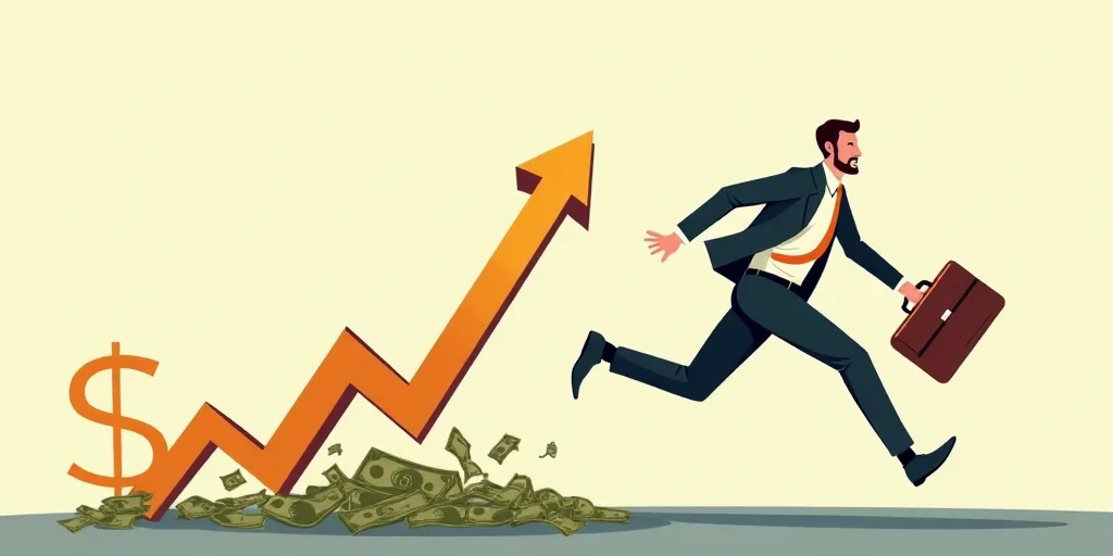 a man running with a briefcase and money coming out of a falling chart with a dollar sign on it, And