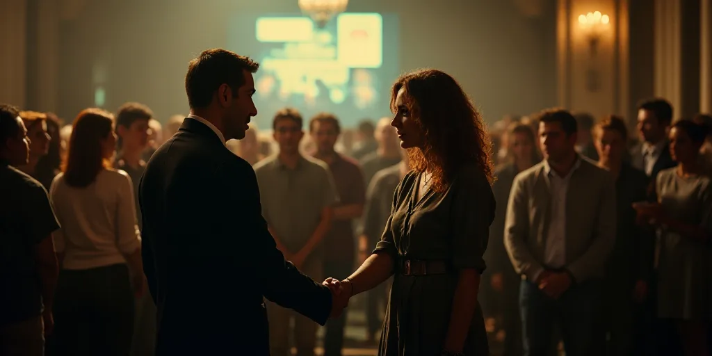 a man shaking hands with a woman in front of a crowd of people in a room with a sign, Araceli Gilber