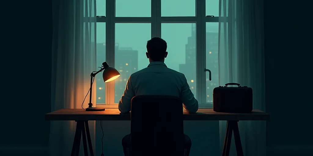 a man sitting at a desk in front of a window with a lamp on it and a suitcase on the desk, Évariste
