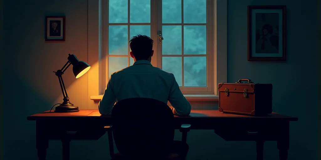 a man sitting at a desk in front of a window with a lamp on it and a suitcase on the desk, Évariste
