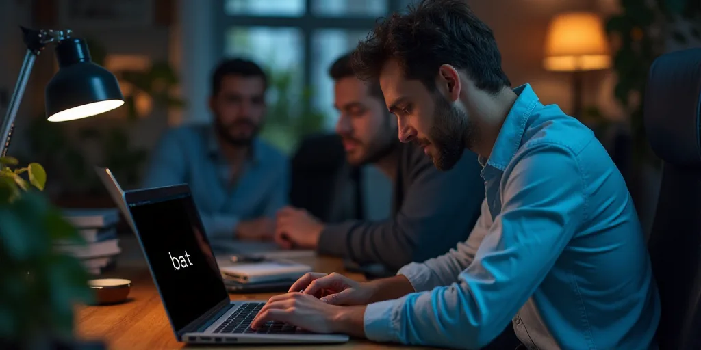 a man sitting at a desk with a laptop and a cell phone in front of him with the word bat on it, Bál