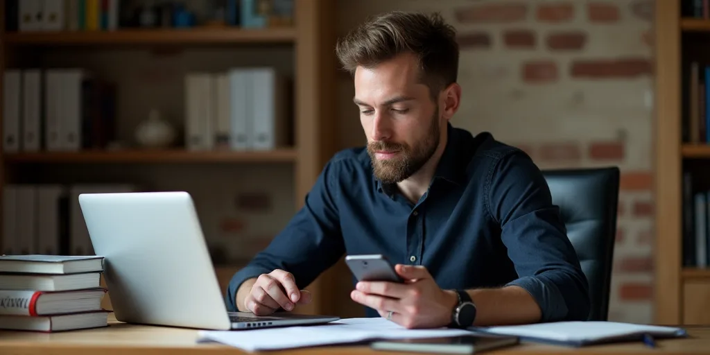 a man sitting at a desk with a laptop and cell phone in his hand and a stack of books behind him, Ce
