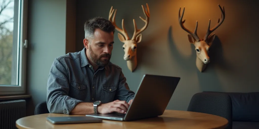 a man sitting at a table with a laptop computer in front of him and a deer head sculpture behind him
