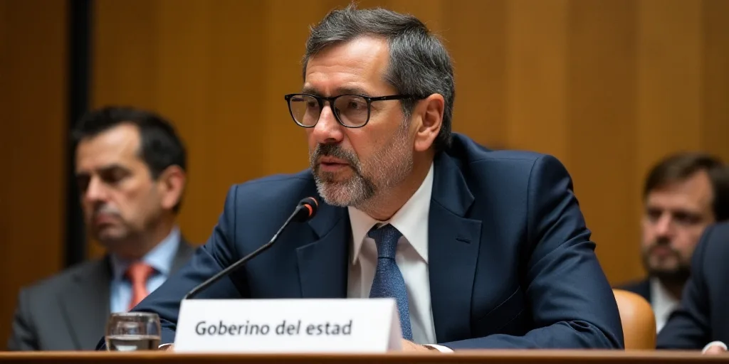 a man sitting at a table with a microphone in front of him and a sign behind him that says goberino