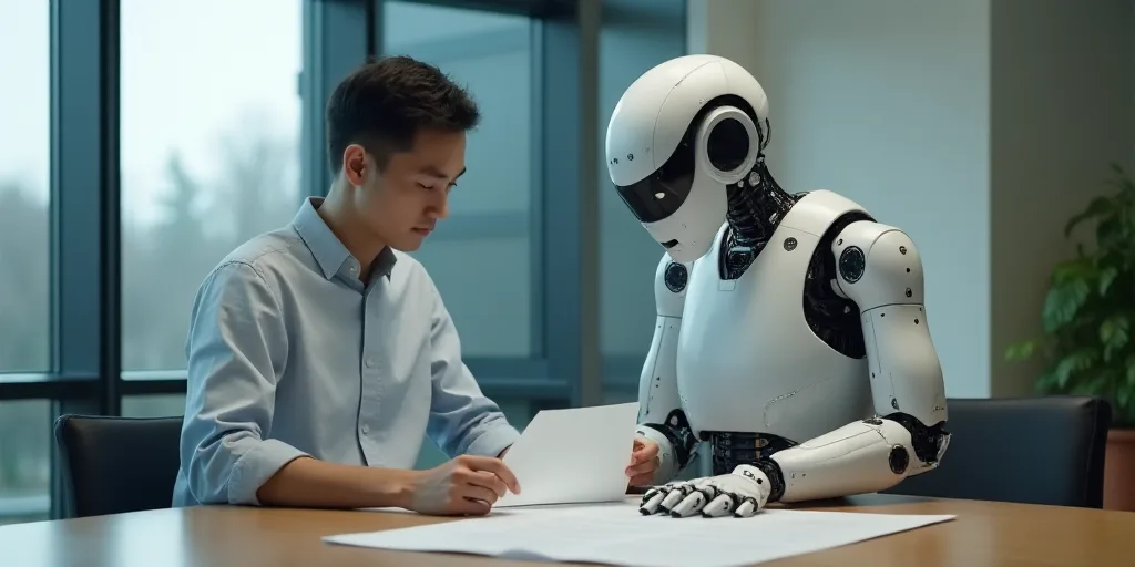 a man sitting at a table with a robot standing over him and looking at a piece of paper in front of