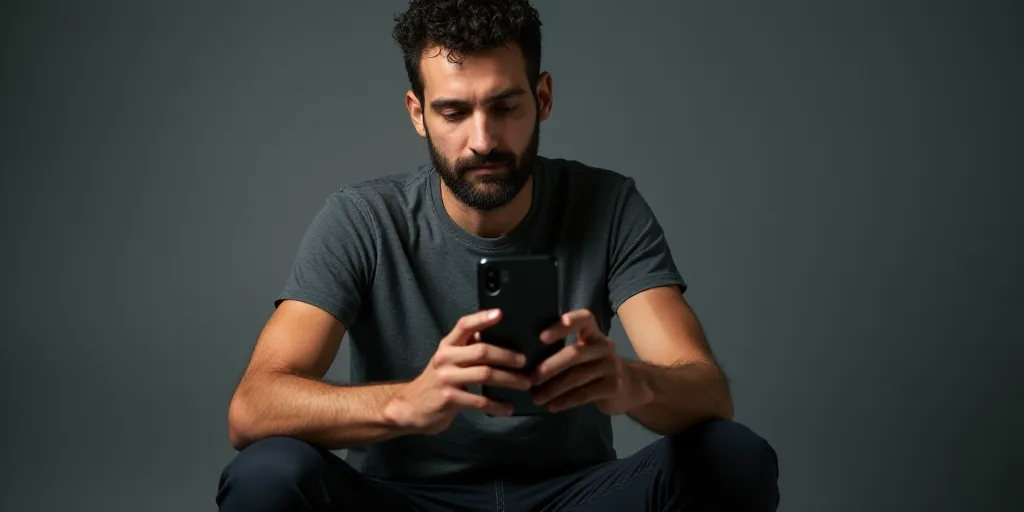 a man sitting down holding a cell phone in his hands and looking at it with a serious look on his fa