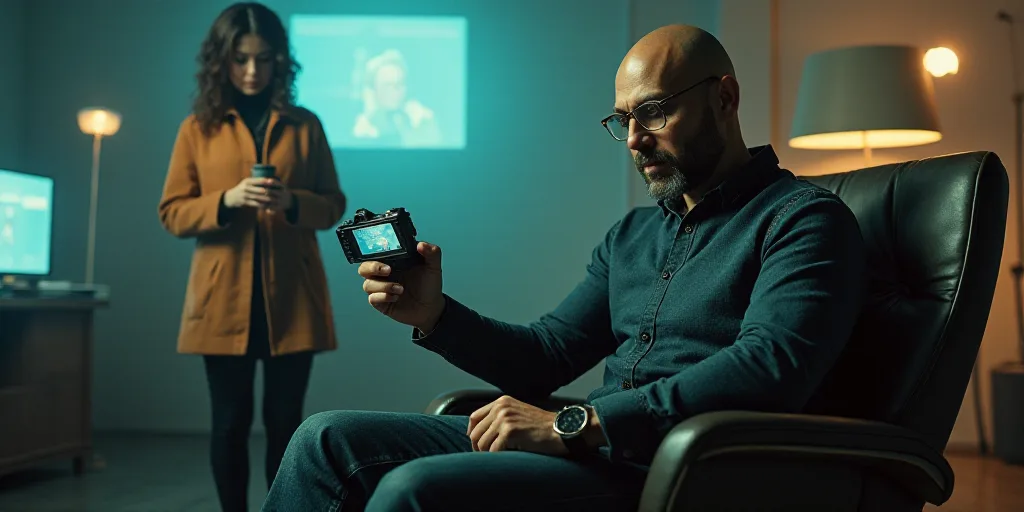 a man sitting in a room with a camera around him and a woman standing behind him looking at somethin
