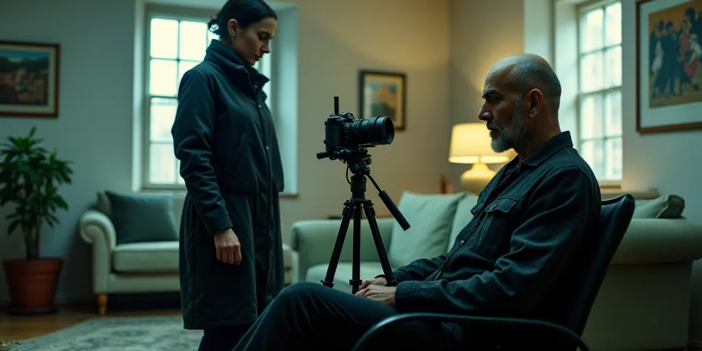 a man sitting in a room with a camera around him and a woman standing behind him looking at somethin