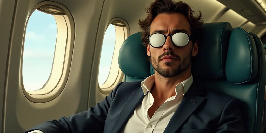 a man sitting in a seat with a pair of eye patch on his forehead and a plane window behind him, Estu