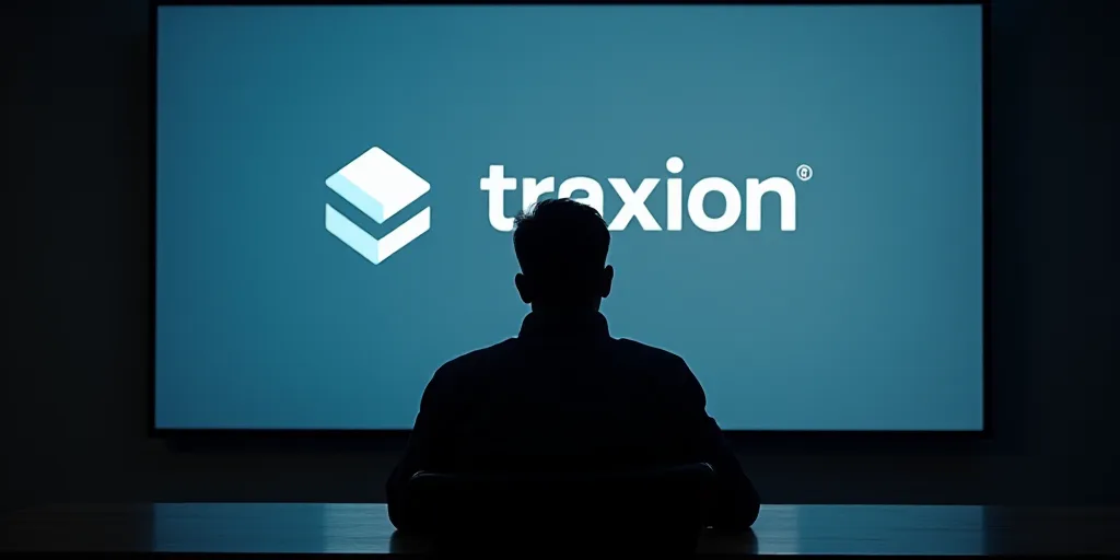 a man sitting in front of a large screen with a logo on it that reads traxion video en movimentoo, A