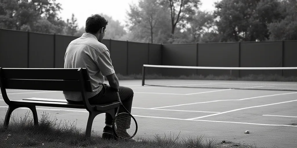 a man sitting on a bench in front of a tennis court with a tennis racket in his hand, Anton Solomouk
