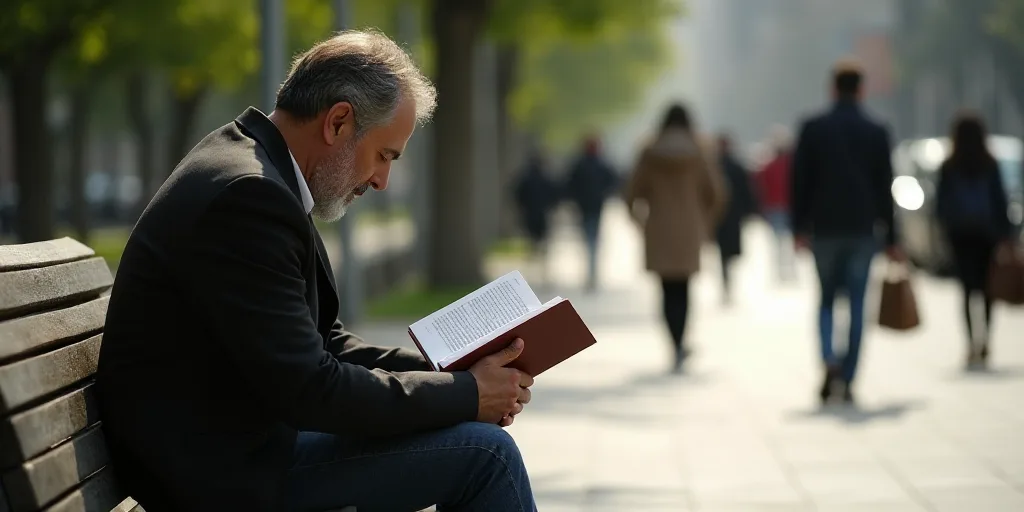 a man sitting on a bench reading a book while others walk by him on a sidewalk in the background, Es