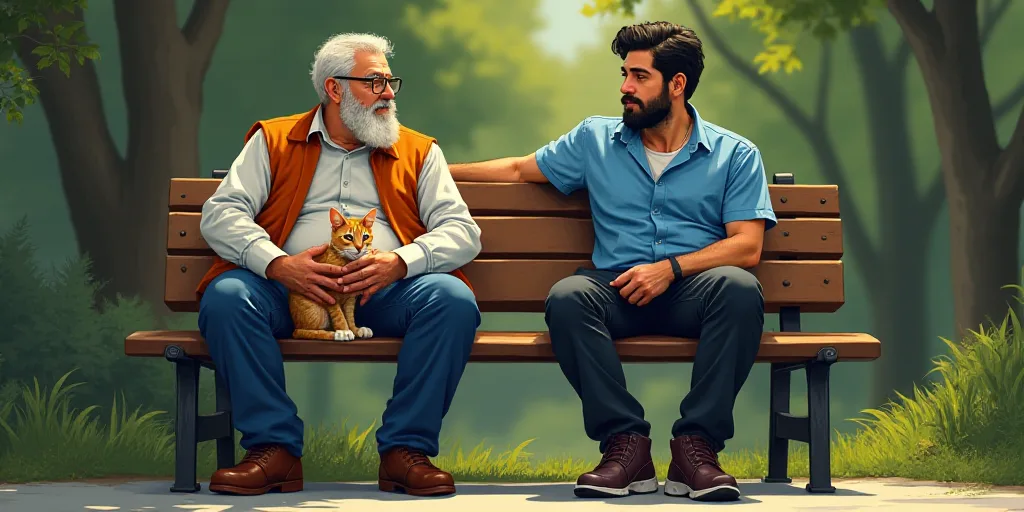 a man sitting on a bench with a cat in his lap and a man in a blue shirt and black pants, Arthur Sar