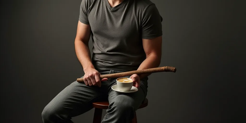 a man sitting on a stool holding a wooden stick in his hand and a cup of coffee in his other hand, B