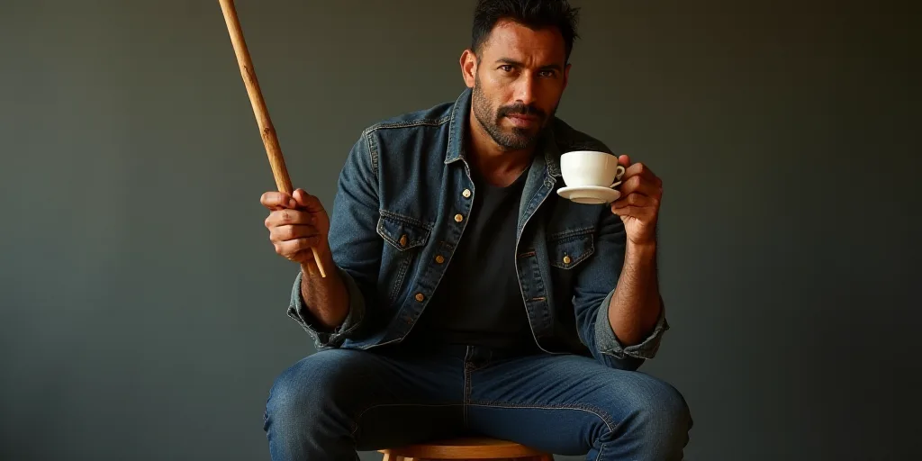 a man sitting on a stool holding a wooden stick in his hand and a cup of coffee in his other hand, B