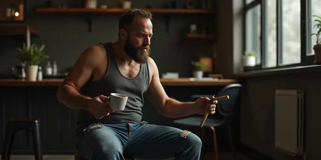 a man sitting on a stool holding a wooden stick in his hand and a cup of coffee in his other hand, B