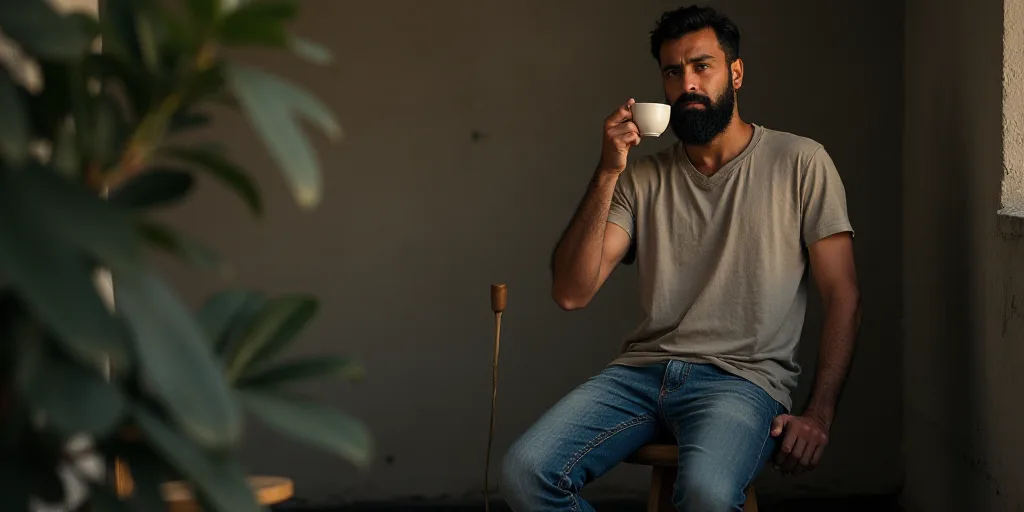 a man sitting on a stool holding a wooden stick in his hand and a cup of coffee in his other hand, B