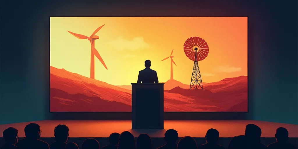 a man standing at a podium giving a speech in front of a large screen with a windmill on it, Bernard